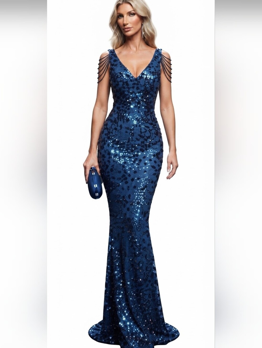 Peacock Blue, Sequined,  Sleeveless,  Backless,  Fringe, Mermaid…